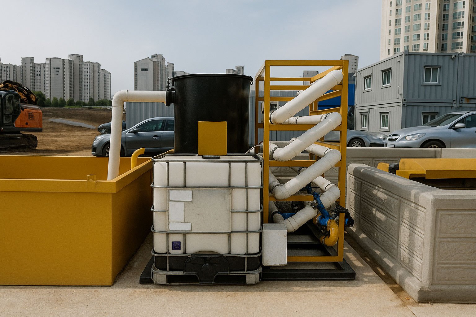 Camión rojo de plataforma larga transportando un gran decantador amarillo de la marca 'SYVERTECH' para el tratamiento de aguas residuales complejas, estacionado en una calle urbana con edificios y cielo despejado al fondo. - ver detalles