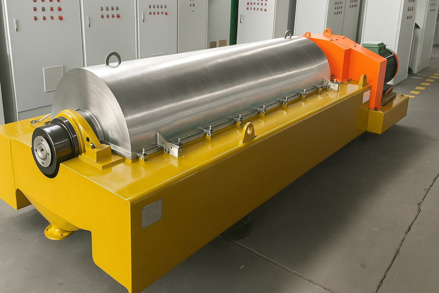 Técnico inspeccionando una planta de tratamiento de aguas residuales modular de color verde marca BIOMAX SYNERTECH, que incluye módulos de pretratamiento, decantación, DAF y oxidación avanzada. La planta está ubicada en un entorno industrial con techo alto y tuberías visibles. - ver más información